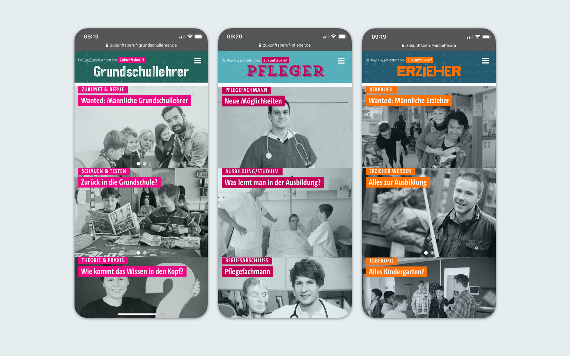 Screenshots von drei Websites