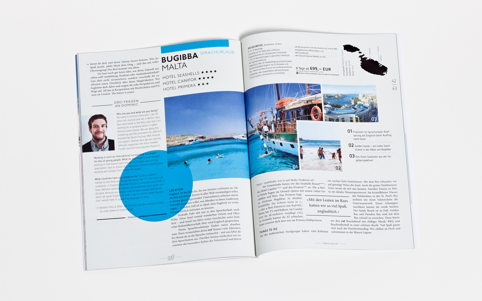 Destination-Doppelseite Reisekatalog.